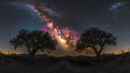 Fototapeta premium Stunning night sky with Milky Way above desert landscape and trees.