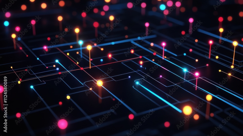 Poster a vibrant, abstract digital landscape featuring glowing lines and dots, representing data flow and c