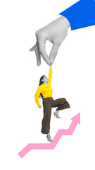 Contemporary art collage. Hand lifting woman toward success, symbolizing how mentorship bridges...