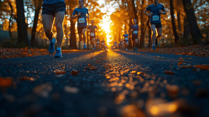 Fitness, feet and athletes running in road for outdoor race or marathon training in mountain. Sports, friends and legs of people with cardio workout for endurance exercise in street for practice.