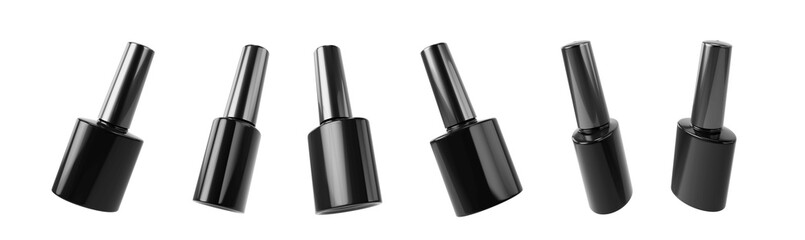 Obraz premium Set of views of black glass bottle with nail polish isolated on transparent background. Cosmetic nail polish bottle. Mockup for ads. Isolated. PNG transparent. 3d illustration