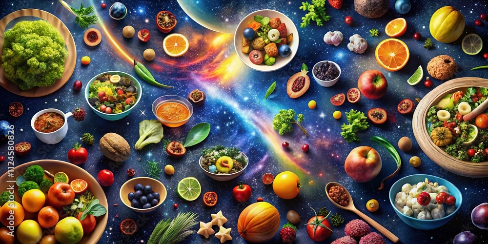 Poster abstract space background concept featuring culinary delights: a unique fusion of food and cosmic el