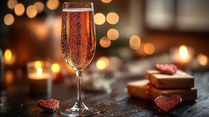 Champagne flute with sparkling bubbles and heart-shaped decorations, creating a clean, elegant image for a romantic celebration.