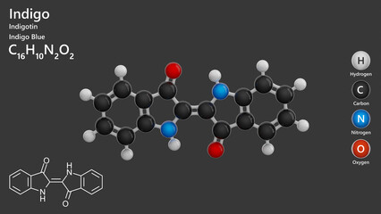 Molecule: Indigo. Natural dye. Molecular structure. Formula: C16H10N2O2. Chemical model: Ball and stick. Gray background. 3D illustration.