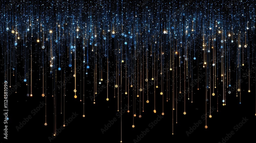 Poster a mesmerizing display of glowing lights cascading down against a dark background, resembling a starr