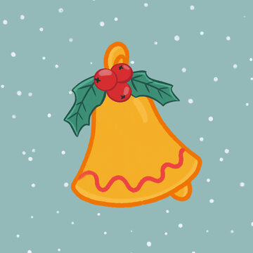 Festive Christmas bell with holly and snowflakes illustration