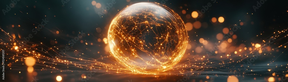 Poster a glowing orb surrounded by shimmering particles and light effects, creating a mesmerizing, futurist