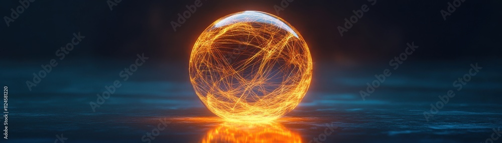 Poster a glowing orb of light floats above a reflective surface, emanating vibrant energy, creating a capti