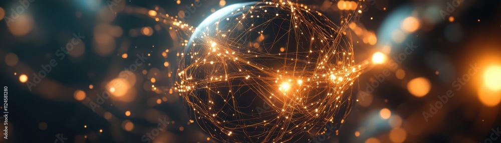 Poster a glowing, interconnected sphere surrounded by luminous particles, representing a fusion of technolo