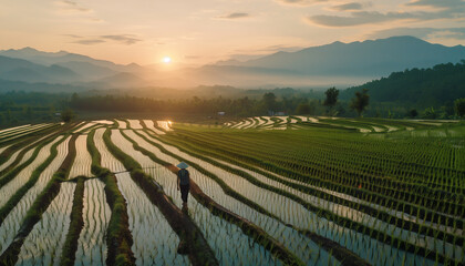  women checking ripe rice in field. Aerial view of terraced rice field in harvest season