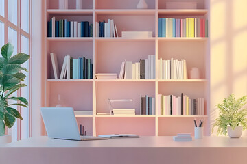 Office interior backdrop for online meetings. Light home office setting bookshelves background. Minimalist online workspace aesthetics. Video conferencing room design in pastel tones.