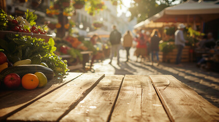 Wooden table on the street market with fresh vegetables