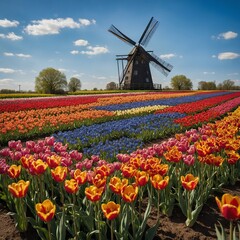 A bed of colorful tulips with a windmill in the background under a blue sky.
