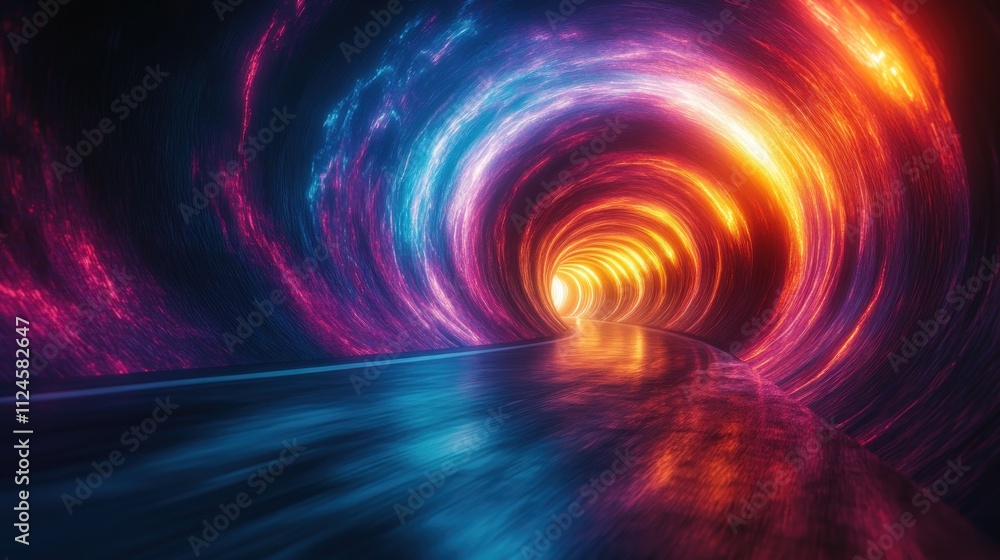 Poster futuristic digital tunnel abstract background in neon colors for technology and network design