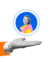 Contemporary art collage. Portrait of confident woman framed in supportive hands, reflecting self-confidence and empowerment gained through mentorship guidance. Concept of personal development. Ad