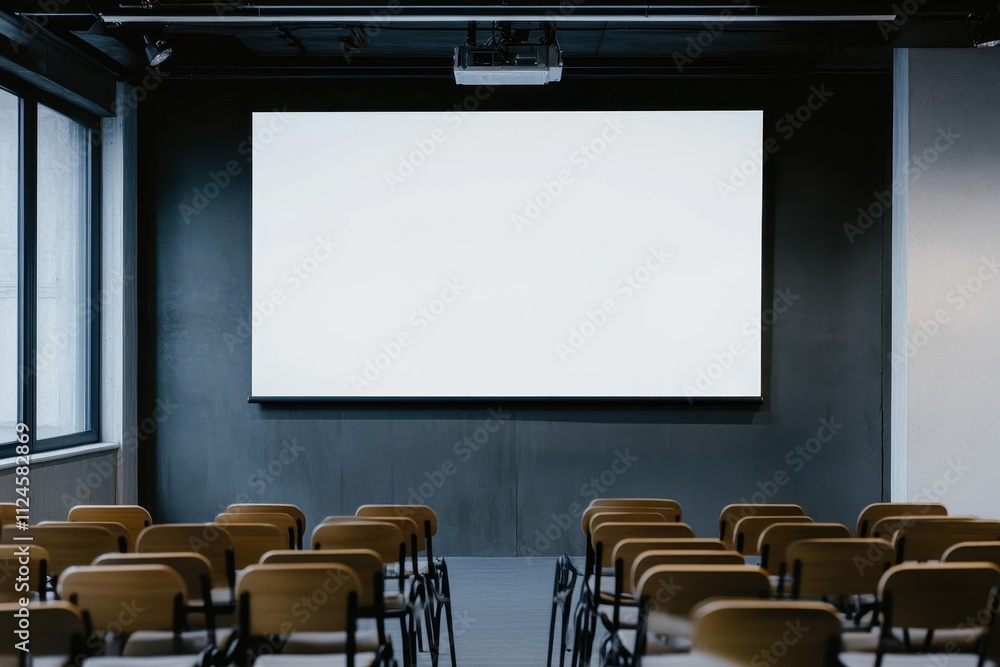 Poster conference room setup with empty chairs and blank screen ready for presentation in modern building