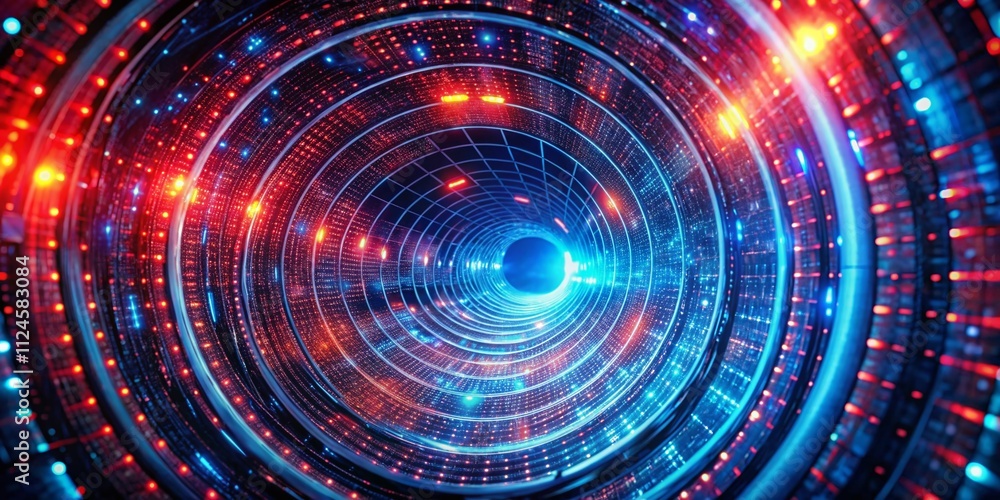 Poster abstract tunnel with colorful glowing lines in spiral shape, volumetric lights, and digital binary c
