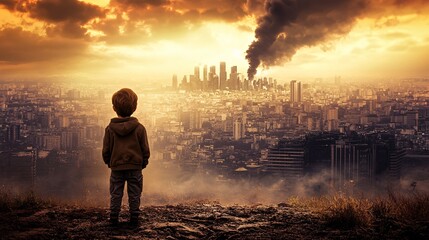 Fototapeta premium A child standing alone on a scorched, dry field, symbolizing the environmental challenges facing future generations
