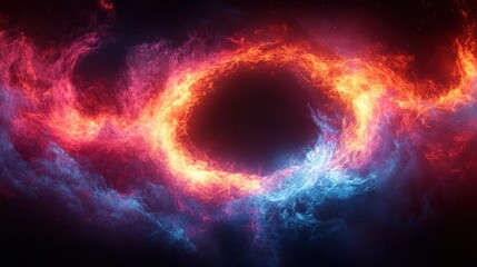 Vibrant Circular Design of Swirling Flames and Waves in Red and Blue on Dark Background