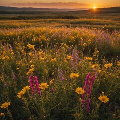 A field of vibrant wildflowers with a golden sunset in the background.