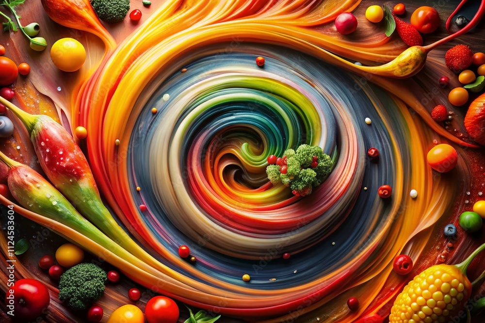 Poster abstract vortex of colorful data streams in motion with culinary elements, capturing the fusion of f