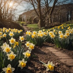 Bright spring daffodils with Easter eggs and a garden path in the background.