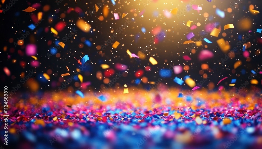 Poster colorful confetti explosion in dynamic digital art style with bokeh effect and warm spotlight