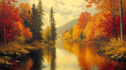 Fototapeta premium A peaceful autumn river surrounded by trees with golden and red leaves, reflecting the warm colors of the season on the calm water.