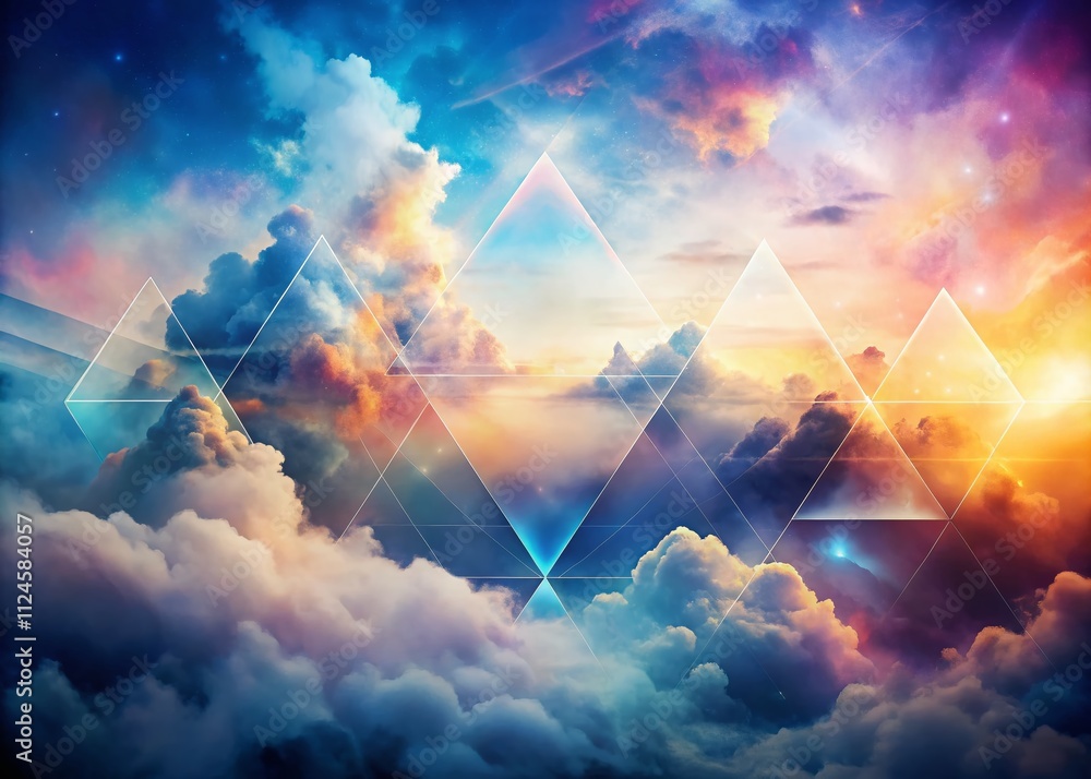 Poster abstract watercolor geometric shapes blending in soft clouds with long exposure effects creating a d