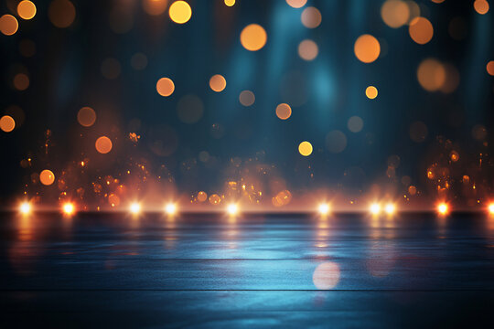 elegant stage illuminated by warm glowing lights with blurred golden bokeh and soft spotlight effect
