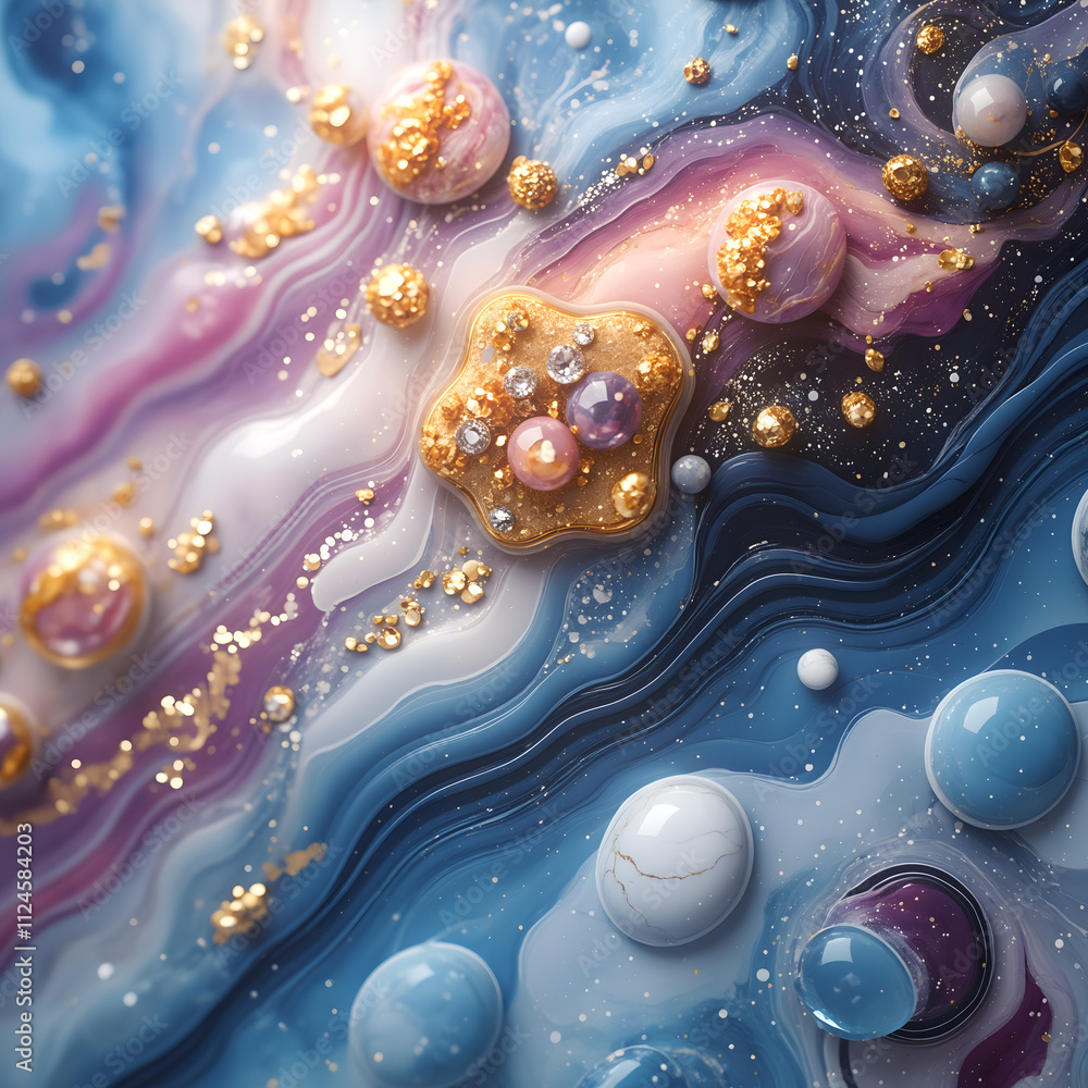 Poster luxurious colored abstraction with golden spheres and gemstones on a background of delicate marble p