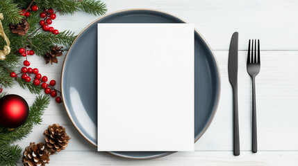 top view photo of a Table place setting blank menu card mockup or reserve in christmas invite and special event , There are some Christmas decorations, minimalistic style, copy space, ultradetailed 