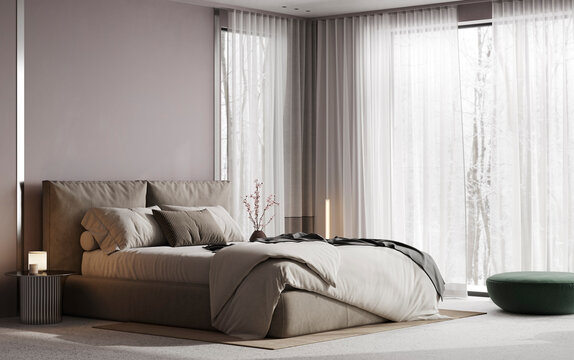 Cozy modern bedroom with elegant decor and soft lighting, 3d render.