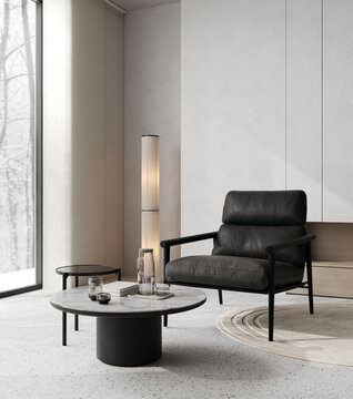 Stylish interior mockup with black chair and coffee table in a cozy winter setting.