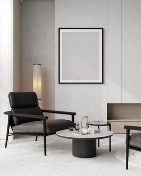 Modern living room with armchairs and a poster frame mockup.