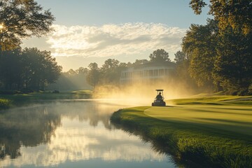 A golf course groundskeeper mowing the green with professional equipment. Generative AI