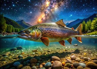 Naklejka premium Night Photography: Northern Trout River, Crystal Clear Water, Stars, Wildlife