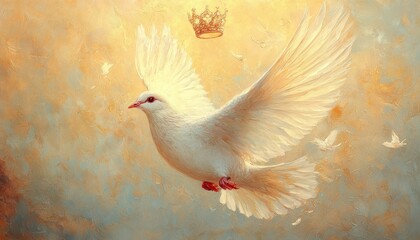 Fototapeta premium Dove in Flight with Crown and Cross Watercolor Illustration, Christian Symbols of Faith and Holy Spirit