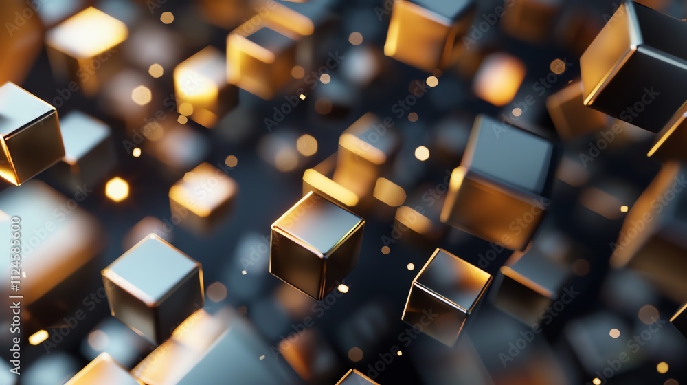 Poster an abstract image of gold and silver cubes floating in space with warm lights.