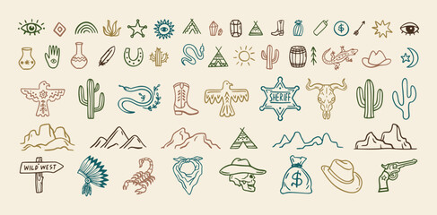 Wild west cowboy doodle icon set. Hand drawn boho signs collection. Aztec southwestern elements set.