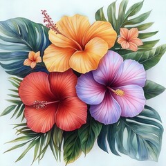 Tropical Flower Arrangement Hibiscus Watercolor Floral Design Vibrant Colors Green Leaves