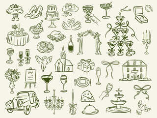 Set of whimsical hand-drawn wedding ceremony food and drink illustartion in trendy vintage style. Perfect for quirky wedding holiday, dinner and bar menu, bachelorette party, birthday invitation, sign