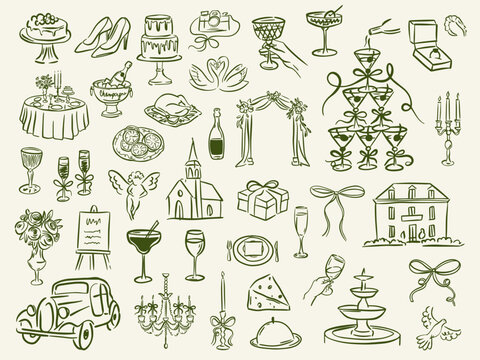 Set of whimsical hand-drawn wedding ceremony food and drink illustartion in trendy vintage style. Perfect for quirky wedding holiday, dinner and bar menu, bachelorette party, birthday invitation, sign