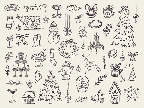 Set of whimsical hand-drawnchristmas food and drink illustration in trendy vintage style. Perfect for quirky new year holiday, dinner and bar menu, bachelorette party, birthday invitation, sign