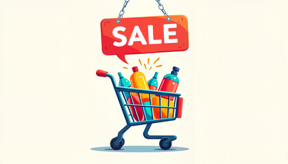 Shopping cart filled with colorful bottles on sale with a sale sign on a light background and copy space