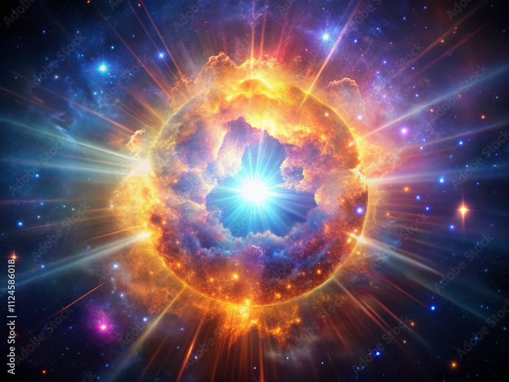 Poster a captivating 3d rendering of a pulsing supernova with vibrant bursts of light and color, creating a
