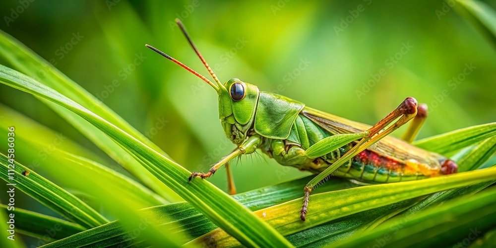 Poster a camouflaged grasshopper blending into its environment in a natural setting with ample copy space f