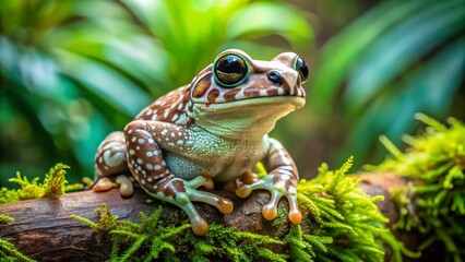 Obraz premium A Captivating Amazon Milk Frog on a Branch Surrounded by Lush Greenery in Tilt-Shift Photography Style, Showcasing Its Unique White and Brown Spotted Patterns