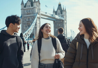 A group of cheerful young friends walking near the iconic Tower Bridge in London, enjoying a sunny day. Smiling faces, casual outfits, and backpacks highlight a travel and friendship theme