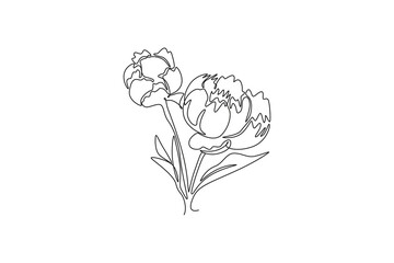 Single continuous line drawing of beauty fresh herbaceous plant for garden logo. Printable decorative peony flower concept for wedding invitation card. One line draw graphic design vector illustration